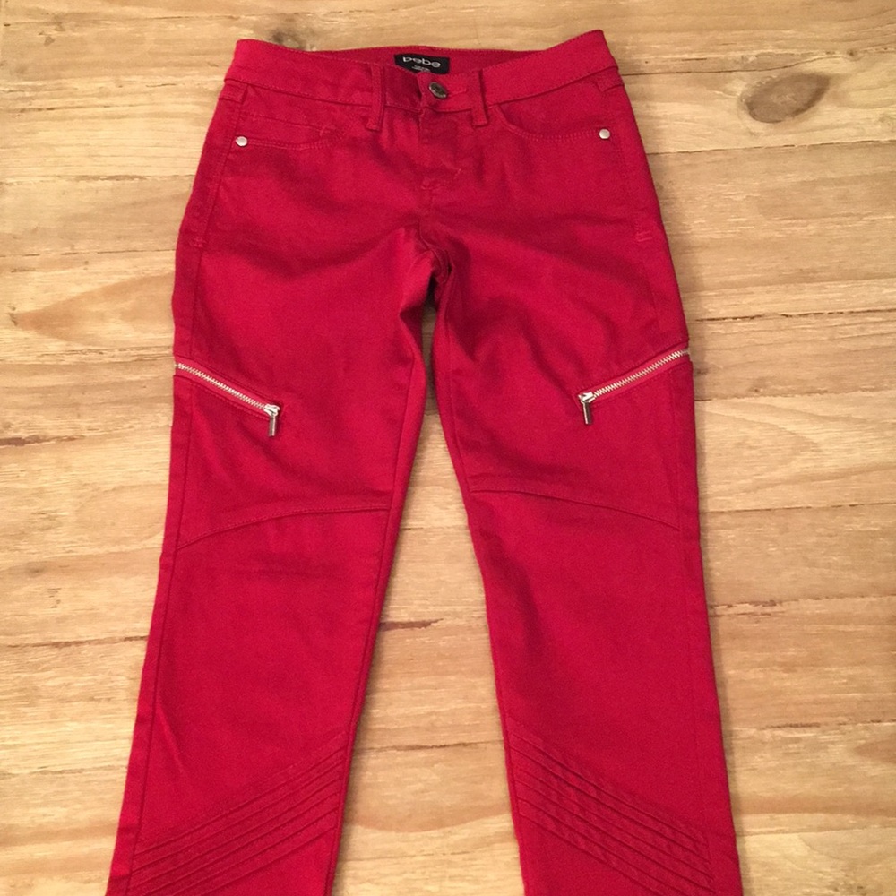 Bebe SKINNY Moto Jeans Red Twill Zipper Pockets